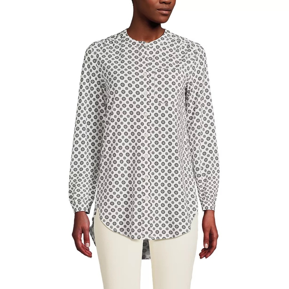 Lands End Womens 2X Tencel Lyocell Medallion Print Button Up Tunic Blouse Ivory